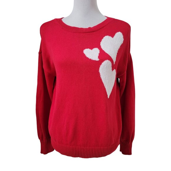 LOFT Size M Red with White Heart Long Sleeve Crew Neck Sweater, Gently Used - Picture 1 of 11